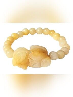 6.5" Honey Jade Shishi Carved Foo Dog Bead Stretch Bracelet ChineseGuardian Lion